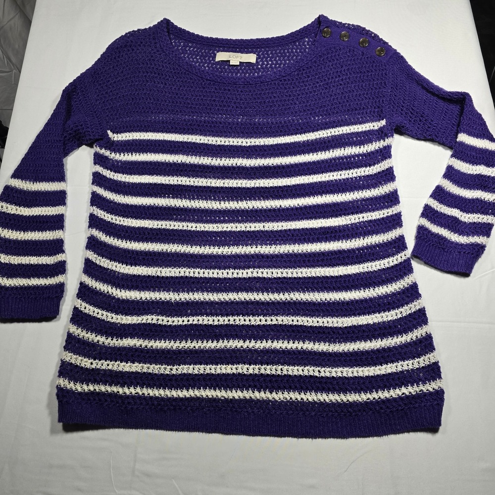 LOFT XS Purple White Striped Linen Blend Open Knit Button Shoulder Sweater